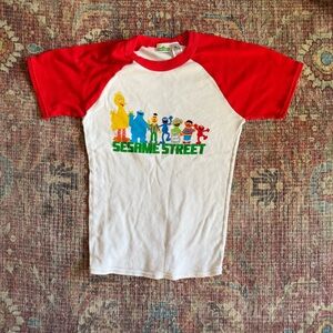 100% Cotton Medium Vintage Style Sesame Street Raglan Baseball Tee RedWhite